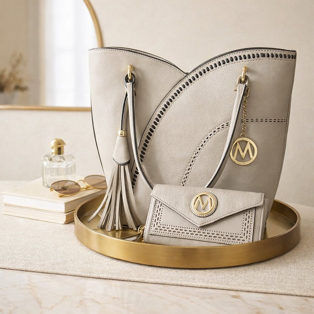 Mia K Elegant Gray Handbag plus Wallet Set- Like New Condition